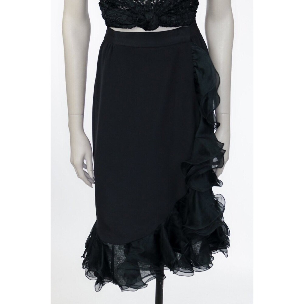 Vintage 1990s 90s Black Silk Ruffled True Wrap Skirt M Goth Gothic Minimalist - Picture 2 of 9